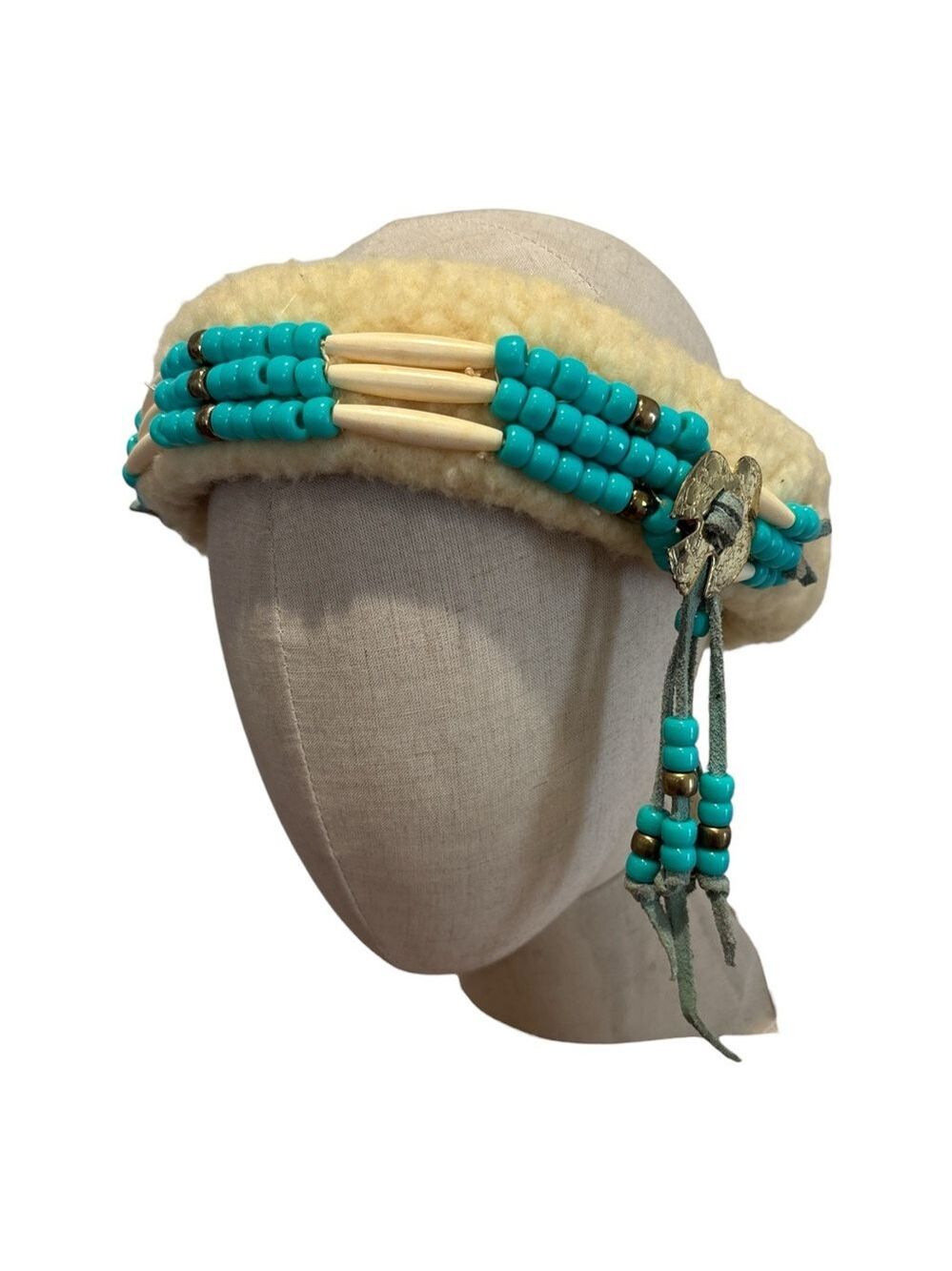 VTG NATIVE INSPIRED HEADBAND THUNDERBIRD MEDAL & SILVER W FAUX TURQUOISE BEADS - Picture 7 of 7